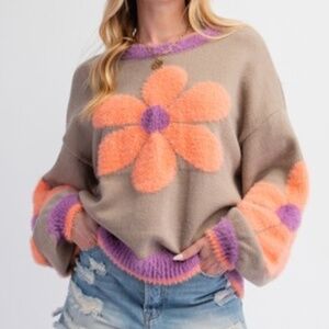 Cozy Floral Print Fuzzy Oversized Sweater Top
